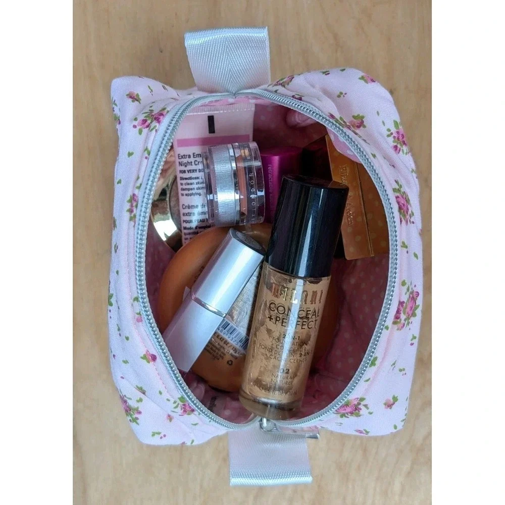 Embroidered MAKEUP Cosmetic Toiletries Pink Rose Floral + Matching Key Fob SET